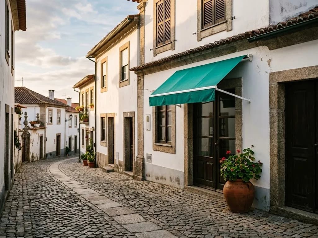 Uma rua calma de Vila do Conde com a porta de uma pequena clínica, luz quente de fim de tarde