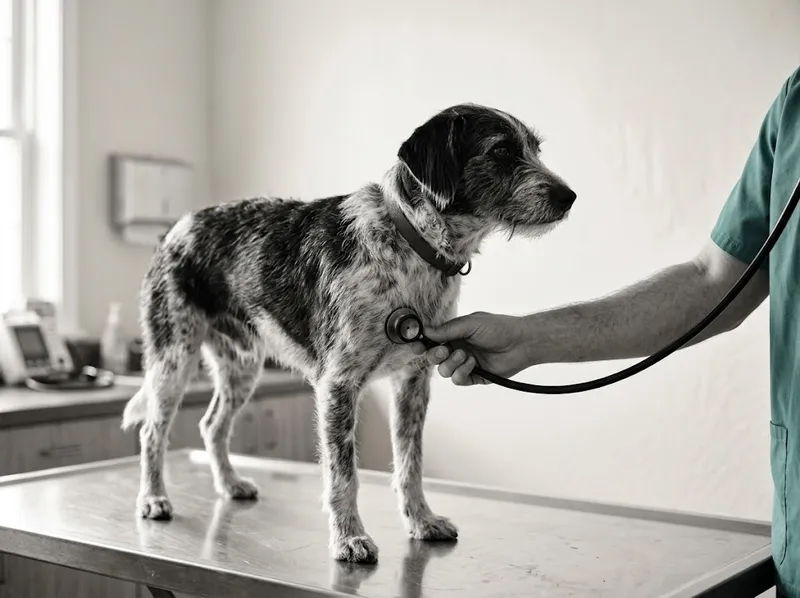 Uma veterinária a auscultar o coração de um cão