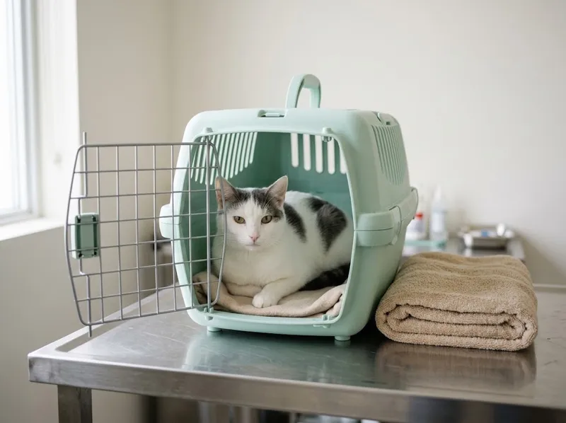 Um gato a descansar numa transportadora aberta, sobre a mesa do consultório