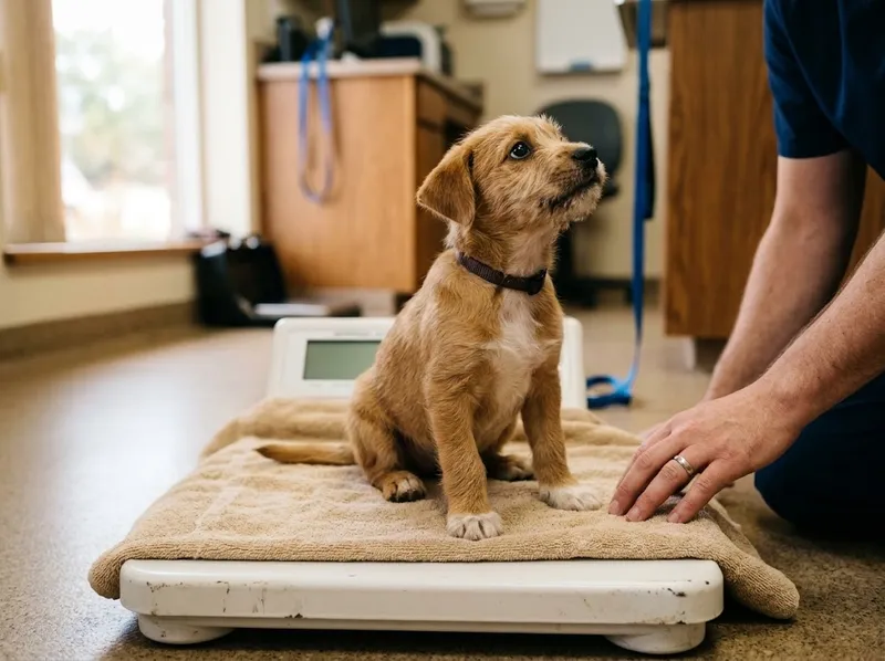 Um cachorro a ser pesado na balança da clínica