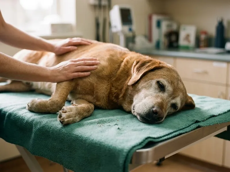 Um cão velho deitado calmamente numa manta durante a consulta