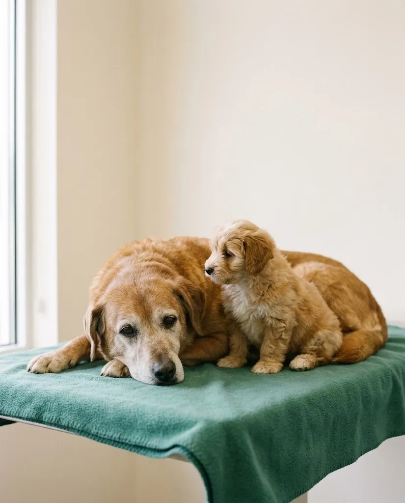 Um cão idoso e um cachorro lado a lado numa mesa de consulta veterinária, com luz suave do dia